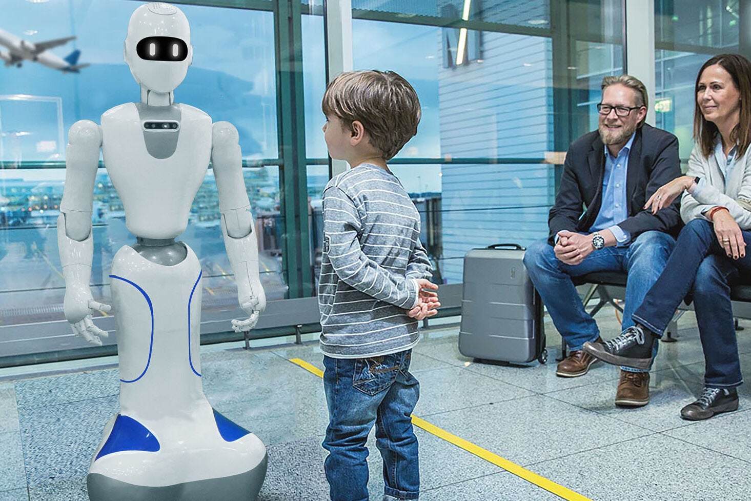 A rendering of a boy looking inquisitively at a robot in an airport while his parents sit and smile at the interaction