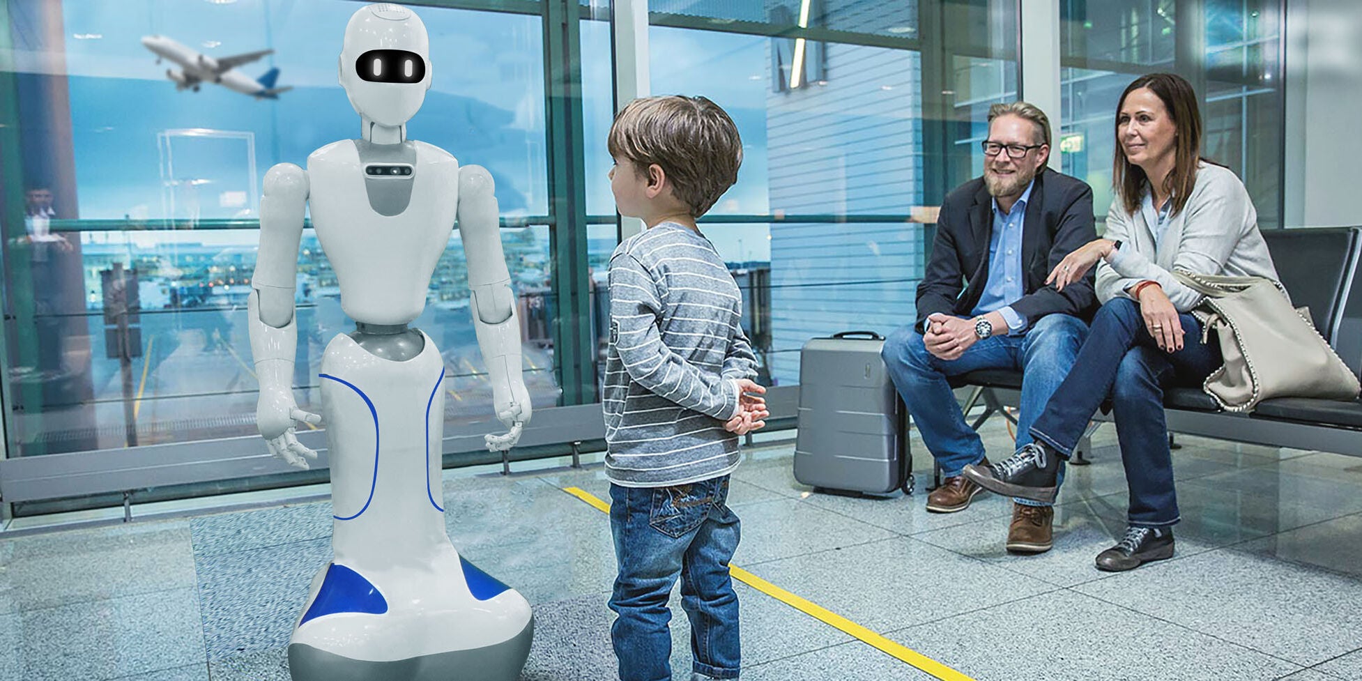 A rendering of a boy looking inquisitively at a robot in an airport while his parents sit and smile at the interaction