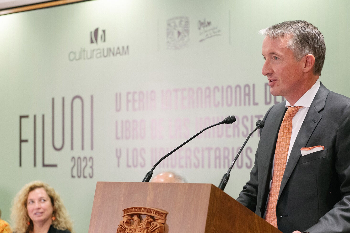 President Hartzell addresses the audience at the 2023 FILUNI book festival opening ceremonies.