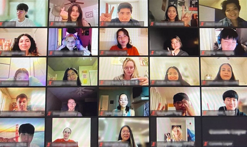 the faces of 20 exchange students displayed on a virtual call