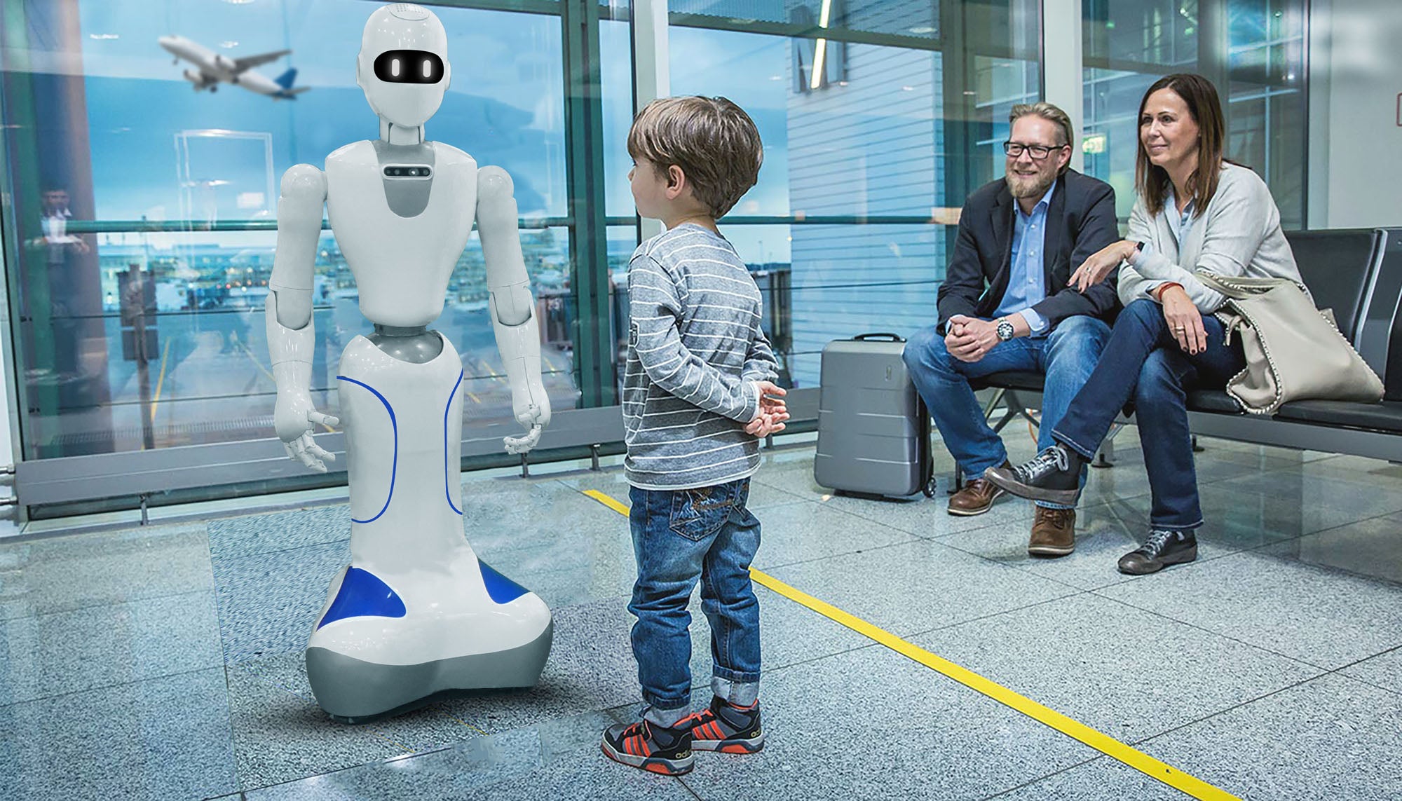 A rendering of a boy looking inquisitively at a robot in an airport while his parents sit and smile at the interaction