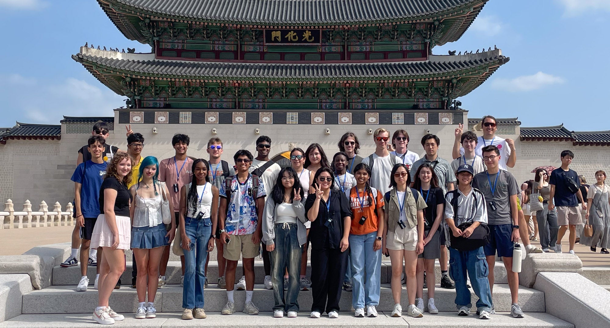 A UT student group poses at Gyeongbokgung Palace in Seoul, South Korea